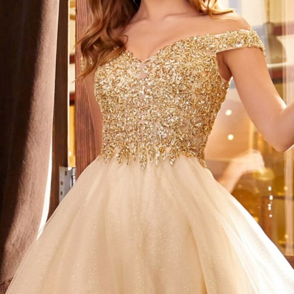 CHAMPAGNE  PROM PARTY EVENING LONG OFF THE SHOULDER A-LINE DRESS CD0177